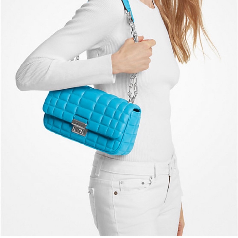 Michael Kors Tribeca Sntrini Blu Leather Shoulder Bag